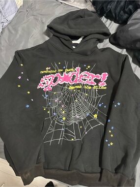 Black Graphic Hoodie with Pink Studded 'Spider' Logo